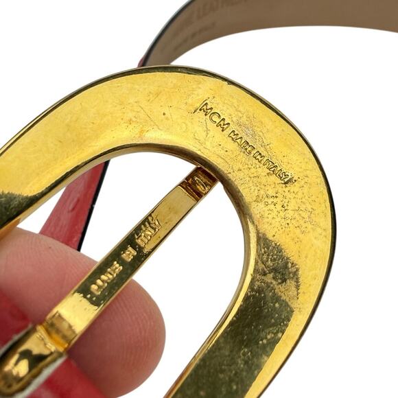 MCM Red Ostrich Embossed Leather Belt Gold Buckle Luxury Made in Italy 26 main image 10